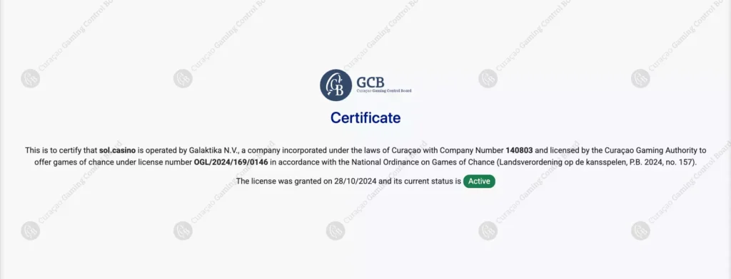 Sol Casino официальная лицензия