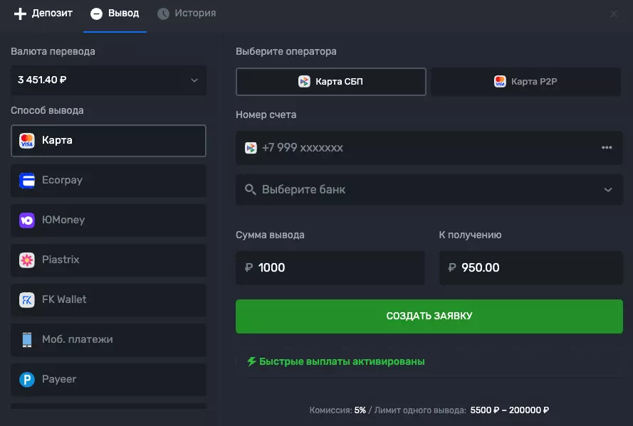 Вывод денег на карту МИР и СБП