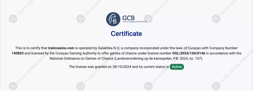 Лицензия онлайн казино Ирвин